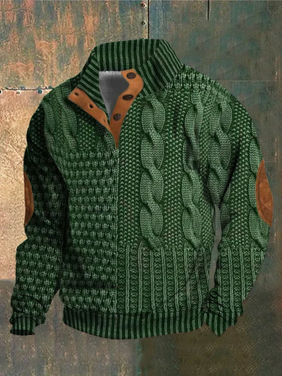 Lorenzo™ - Maglione a Treccia con Colletto Alto e Toppe ai Gomiti