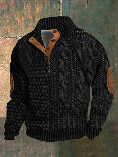 Lorenzo™ - Maglione a Treccia con Colletto Alto e Toppe ai Gomiti