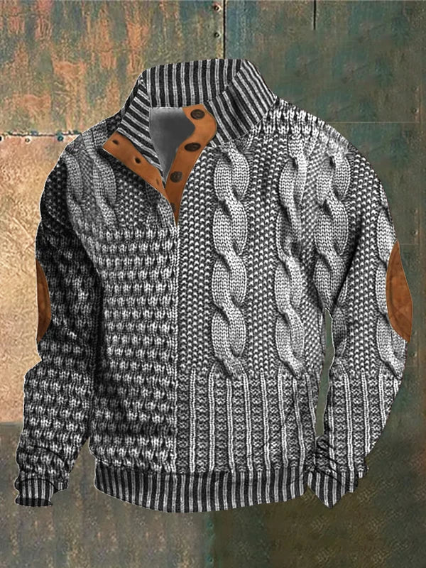 Lorenzo™ - Maglione a Treccia con Colletto Alto e Toppe ai Gomiti