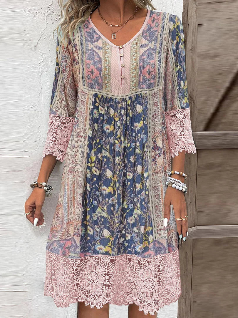 Rebecca™ - Abito con stampa vintage e pizzo