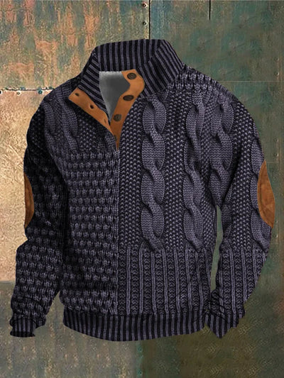 Lorenzo™ - Maglione a Treccia con Colletto Alto e Toppe ai Gomiti